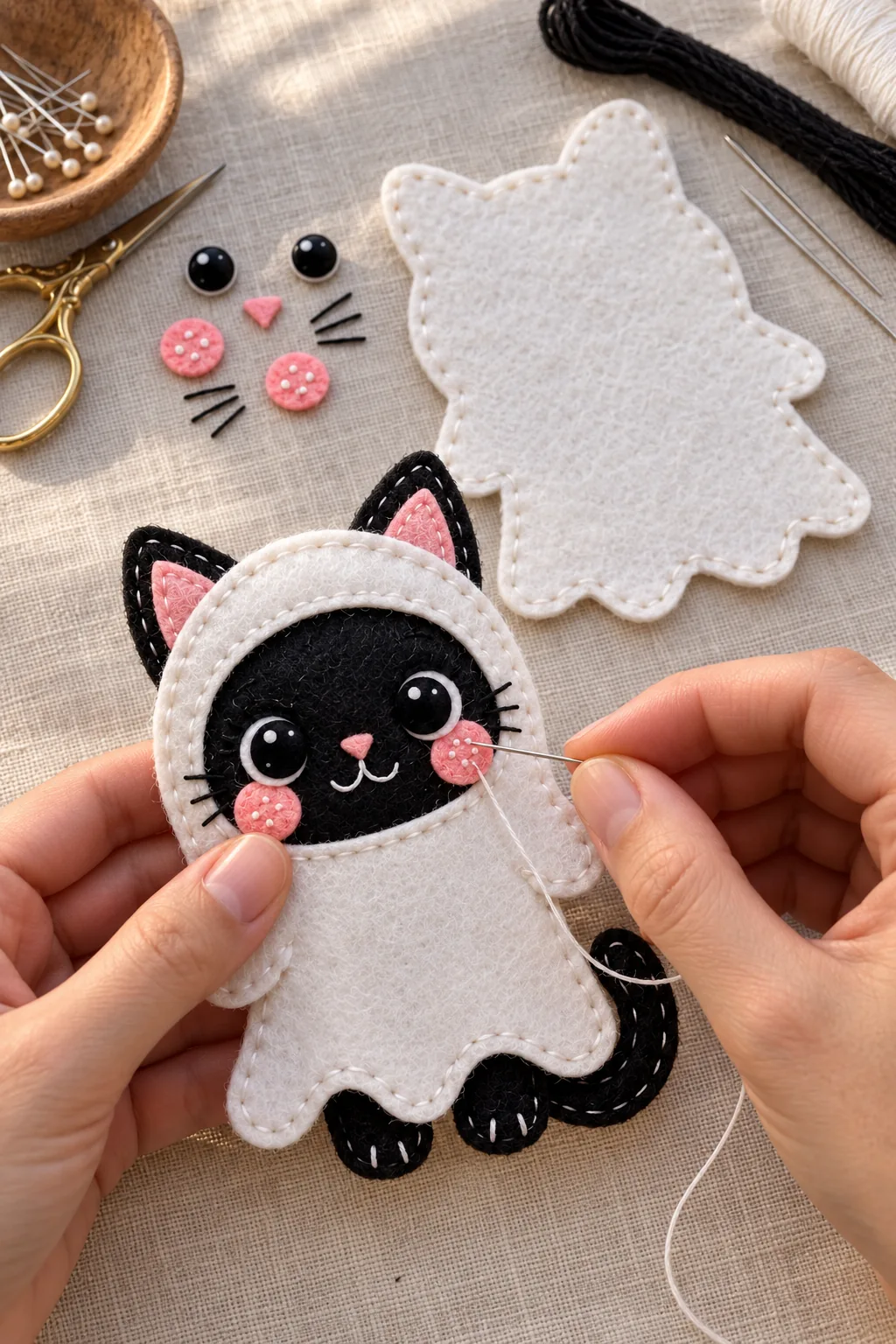 Hand stitching the front decorations of the felt ghost cat ornament
