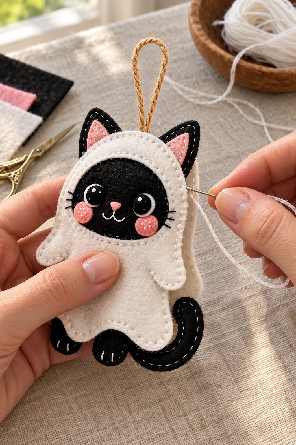 Joining layers and securing the loop of the felt ghost cat ornament