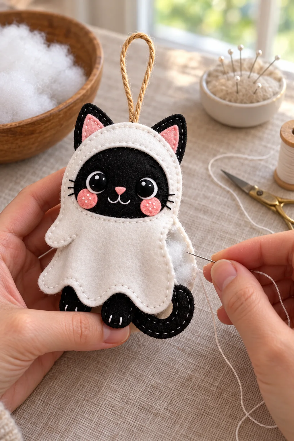 Finishing the seam of the handmade felt ghost cat ornament