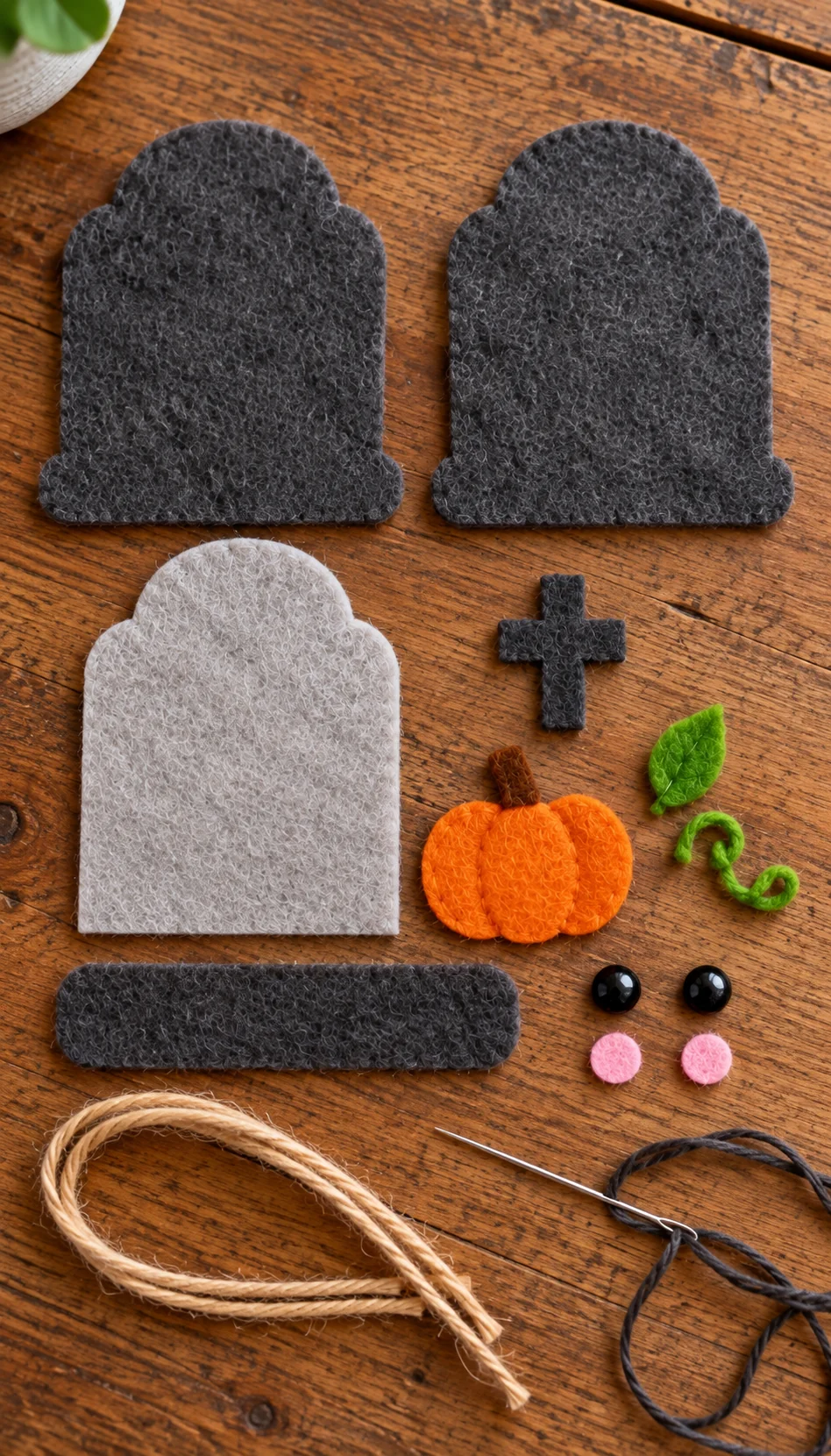 Cut gray felt gravestone pieces, pumpkin, cross, eyes, cheeks and jute loop on a craft table