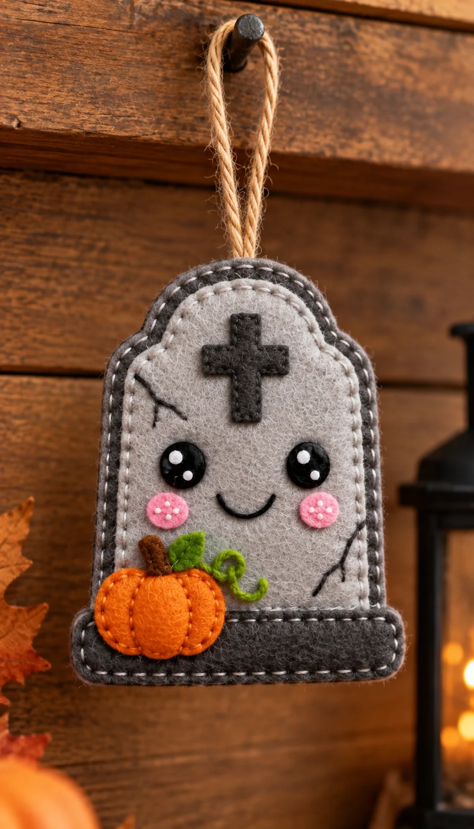 Finished smiling gray felt gravestone ornament with orange pumpkin and jute hanging loop