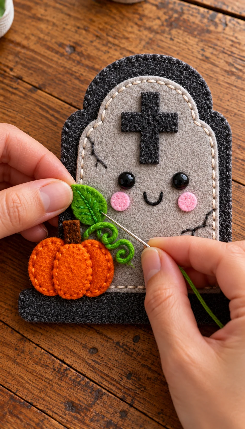 Hands stitching a green leaf and vine beside the orange felt pumpkin on a smiling gravestone