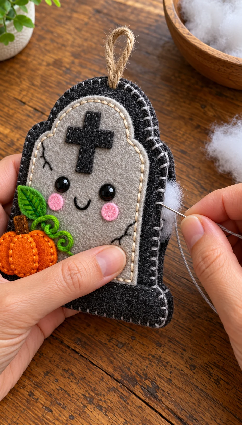 Hands closing the felt gravestone ornament seam with light stitches, stuffing and a jute loop
