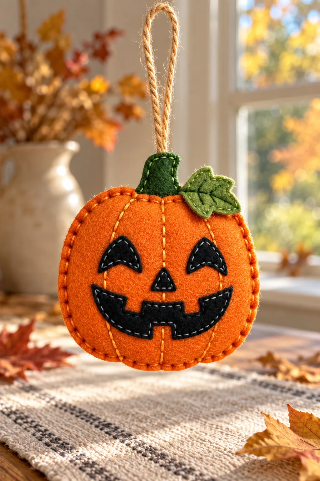 Finished handmade jack o lantern felt ornament hanging in a seasonal setting