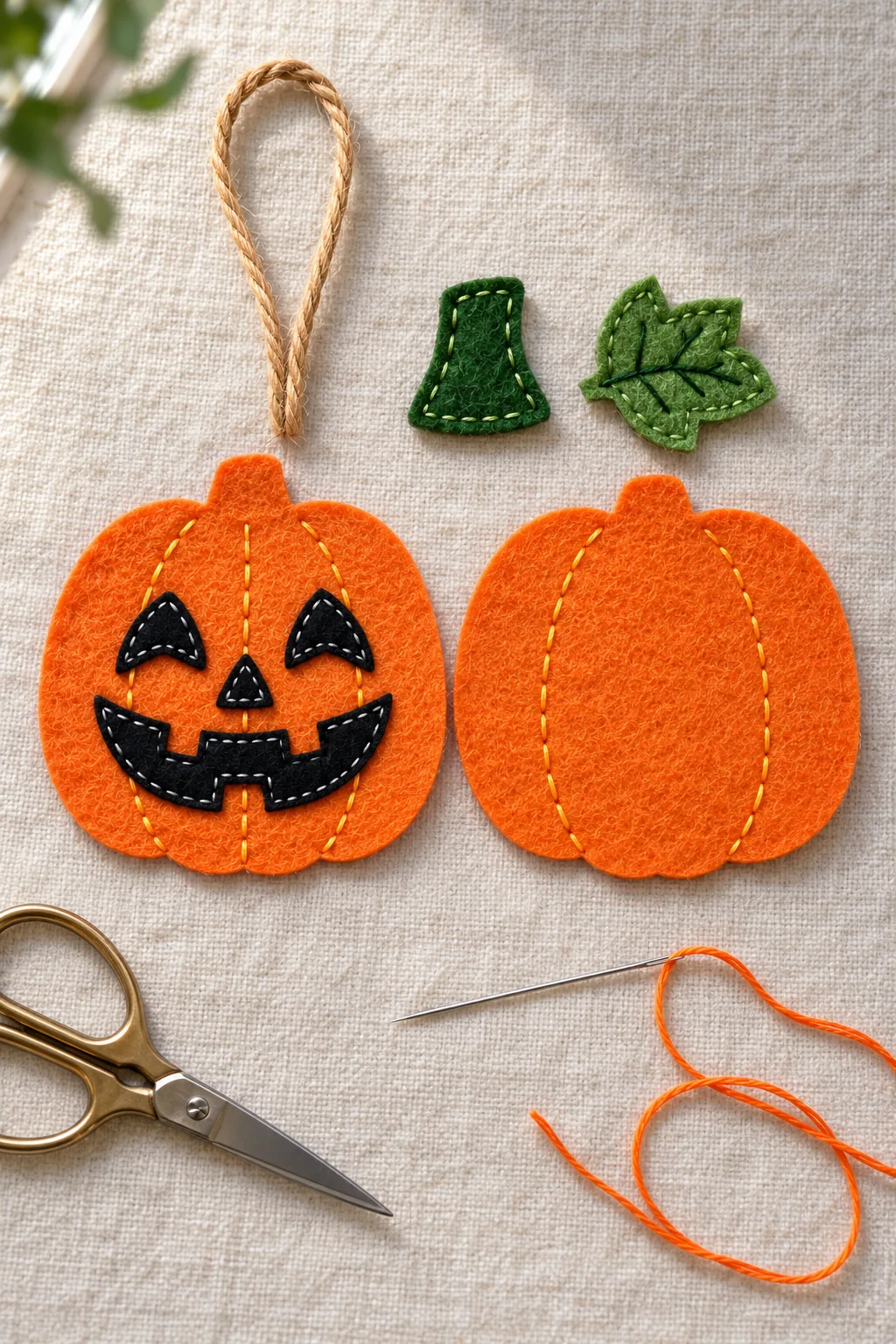Cut felt pieces for the jack o lantern ornament laid out before sewing