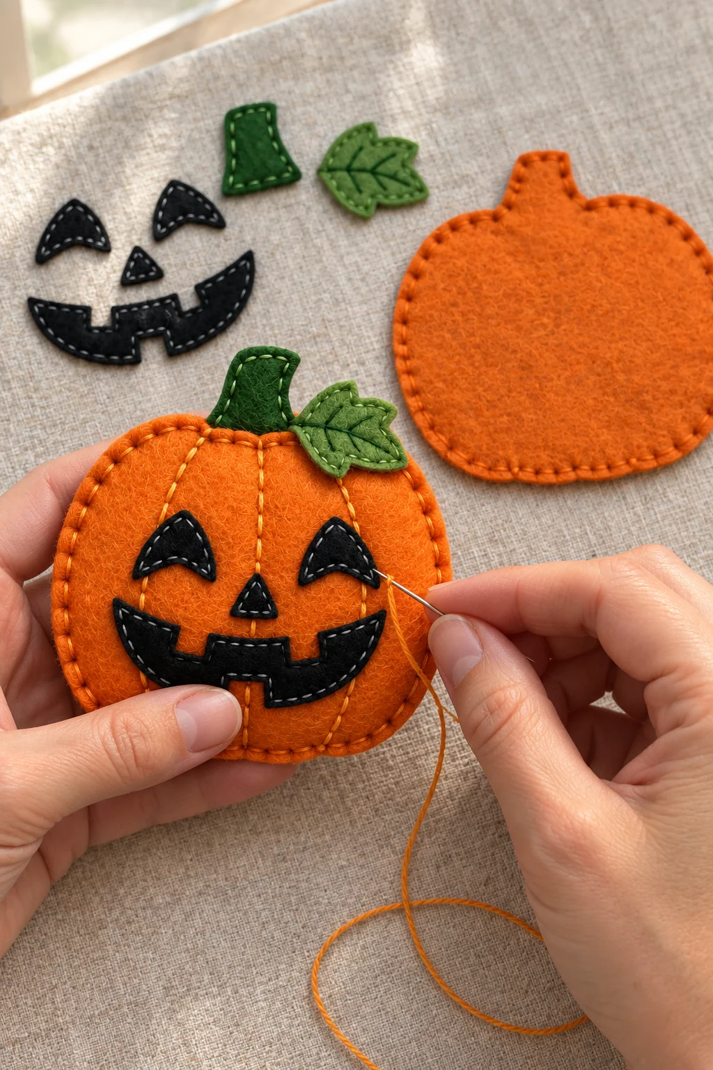 Hand stitching the front decorations of the felt jack o lantern ornament
