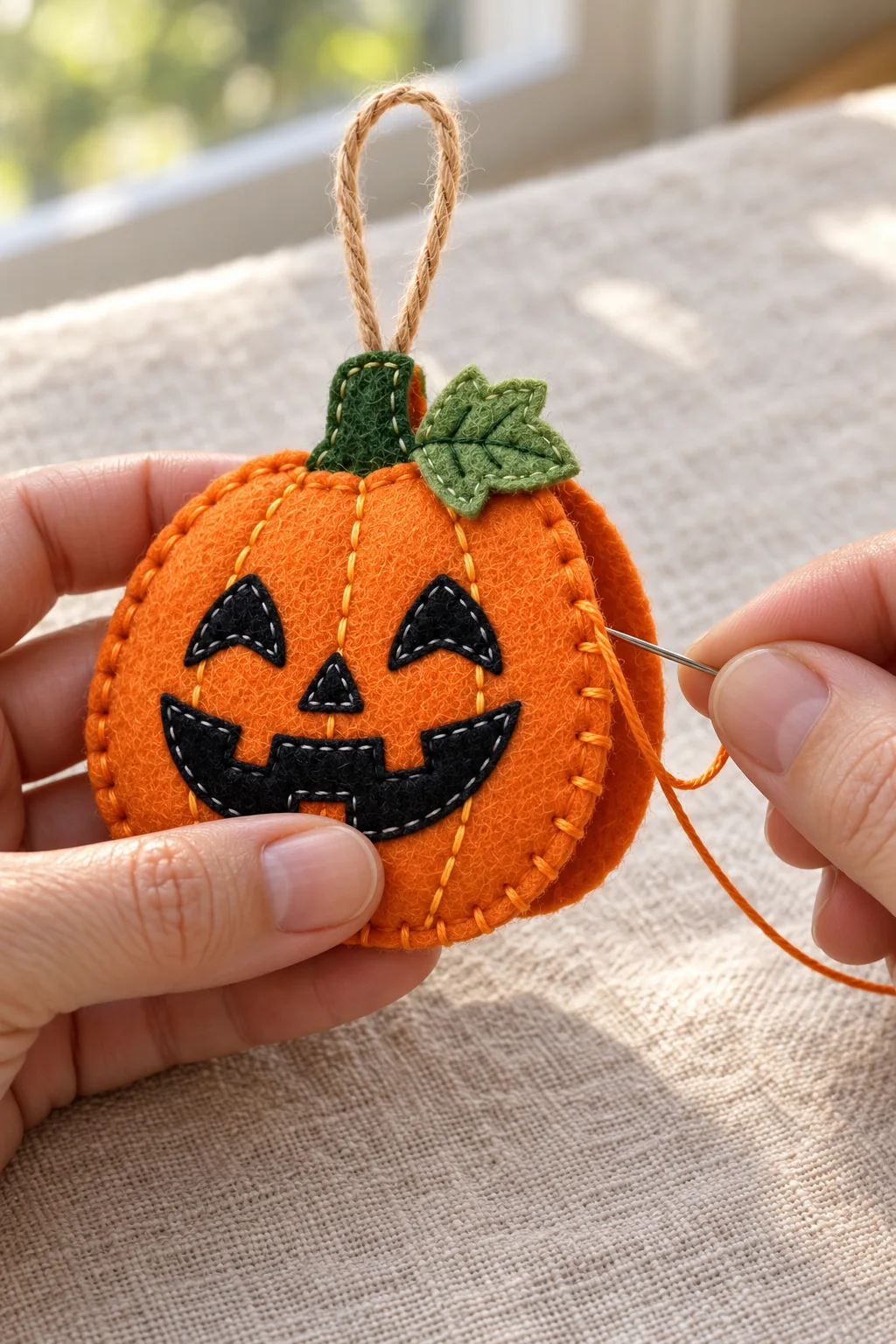 Joining layers and securing the loop of the felt jack o lantern ornament