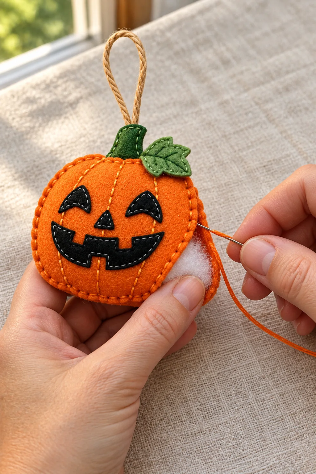 Finishing the seam of the handmade felt jack o lantern ornament