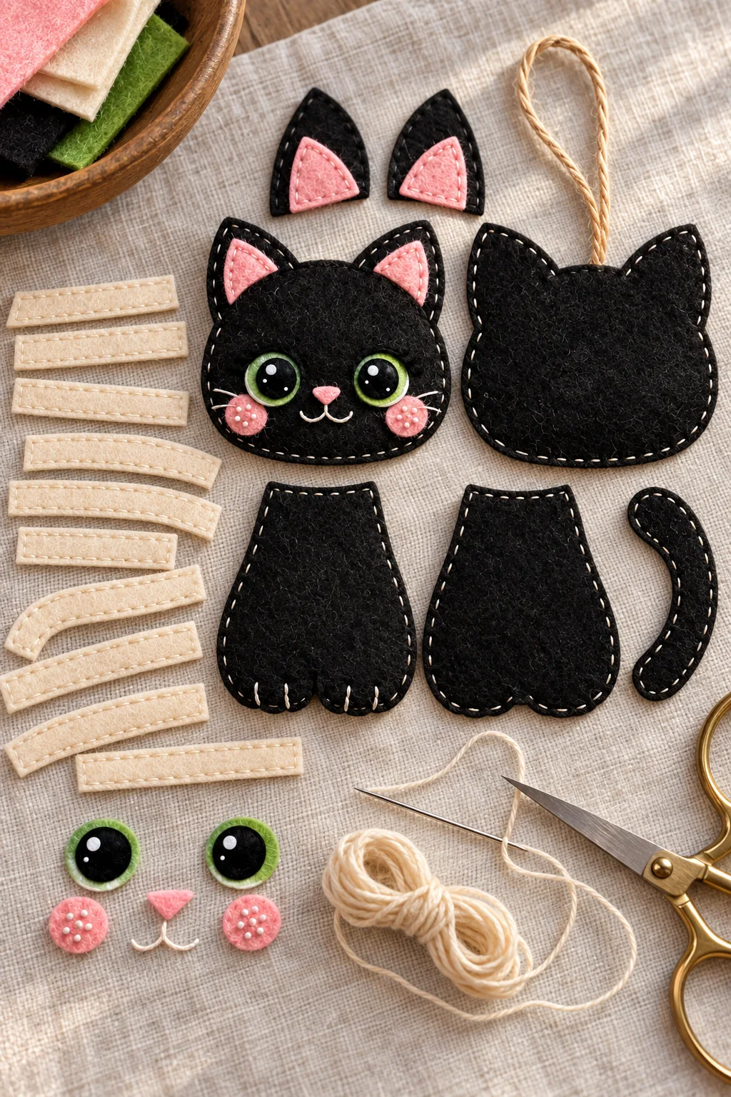 Cut felt pieces for the mummy cat ornament laid out before sewing