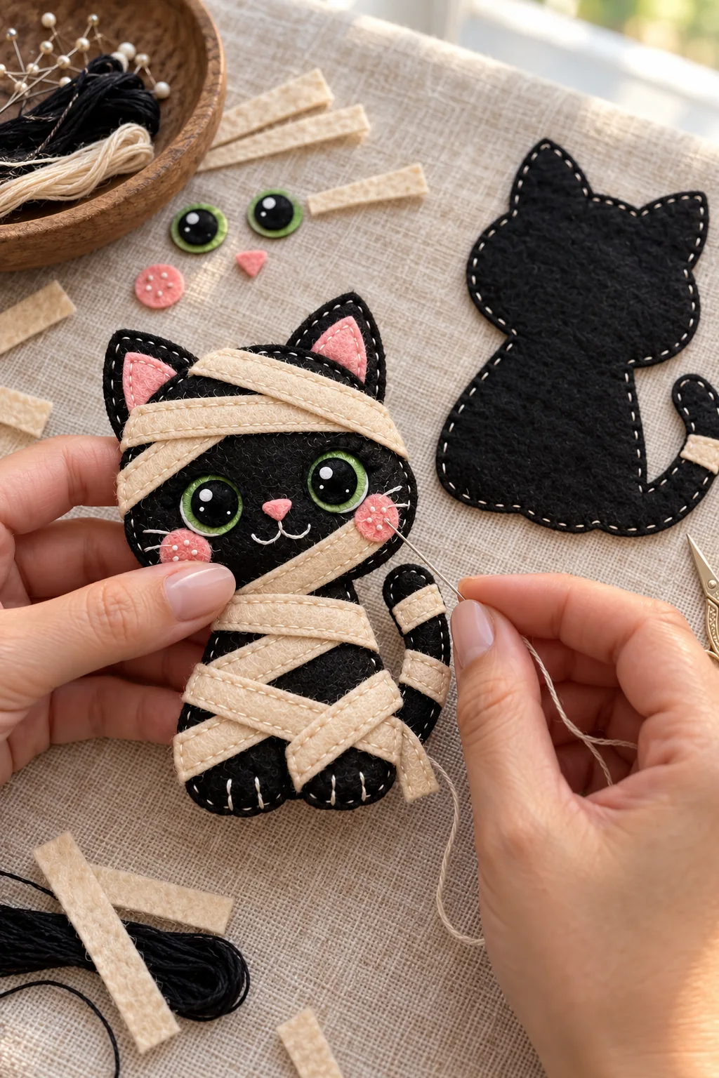Hand stitching the front decorations of the felt mummy cat ornament