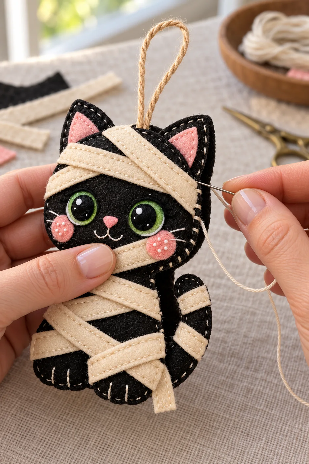 Joining layers and securing the loop of the felt mummy cat ornament
