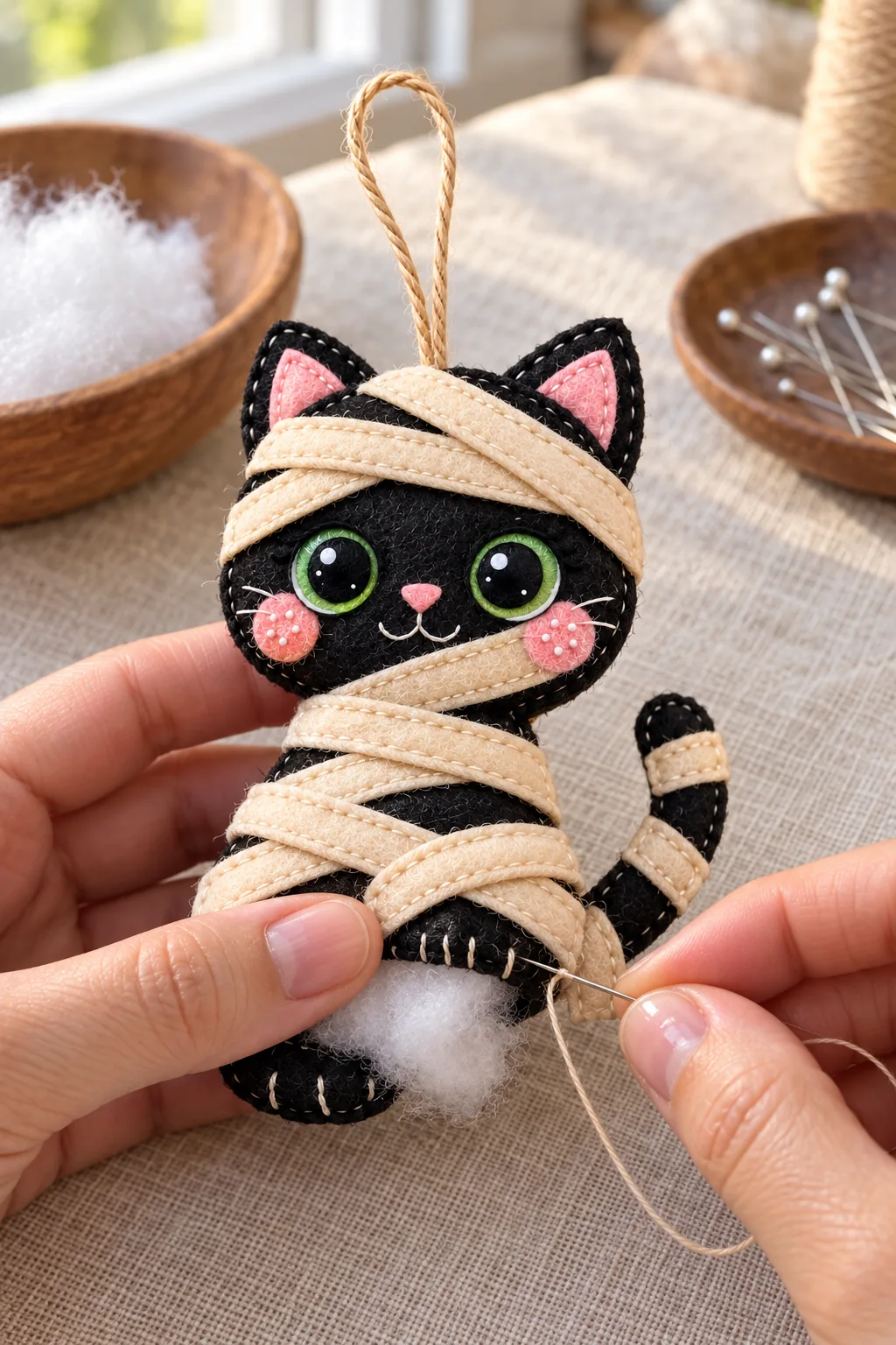 Finishing the seam of the handmade felt mummy cat ornament