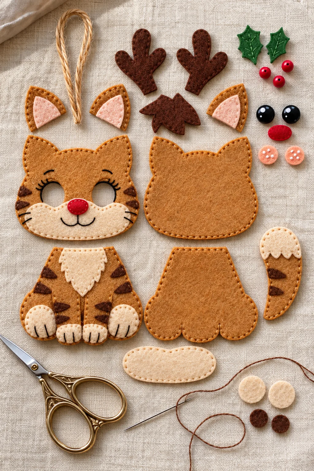Cut felt pieces for the reindeer cat ornament laid out before sewing