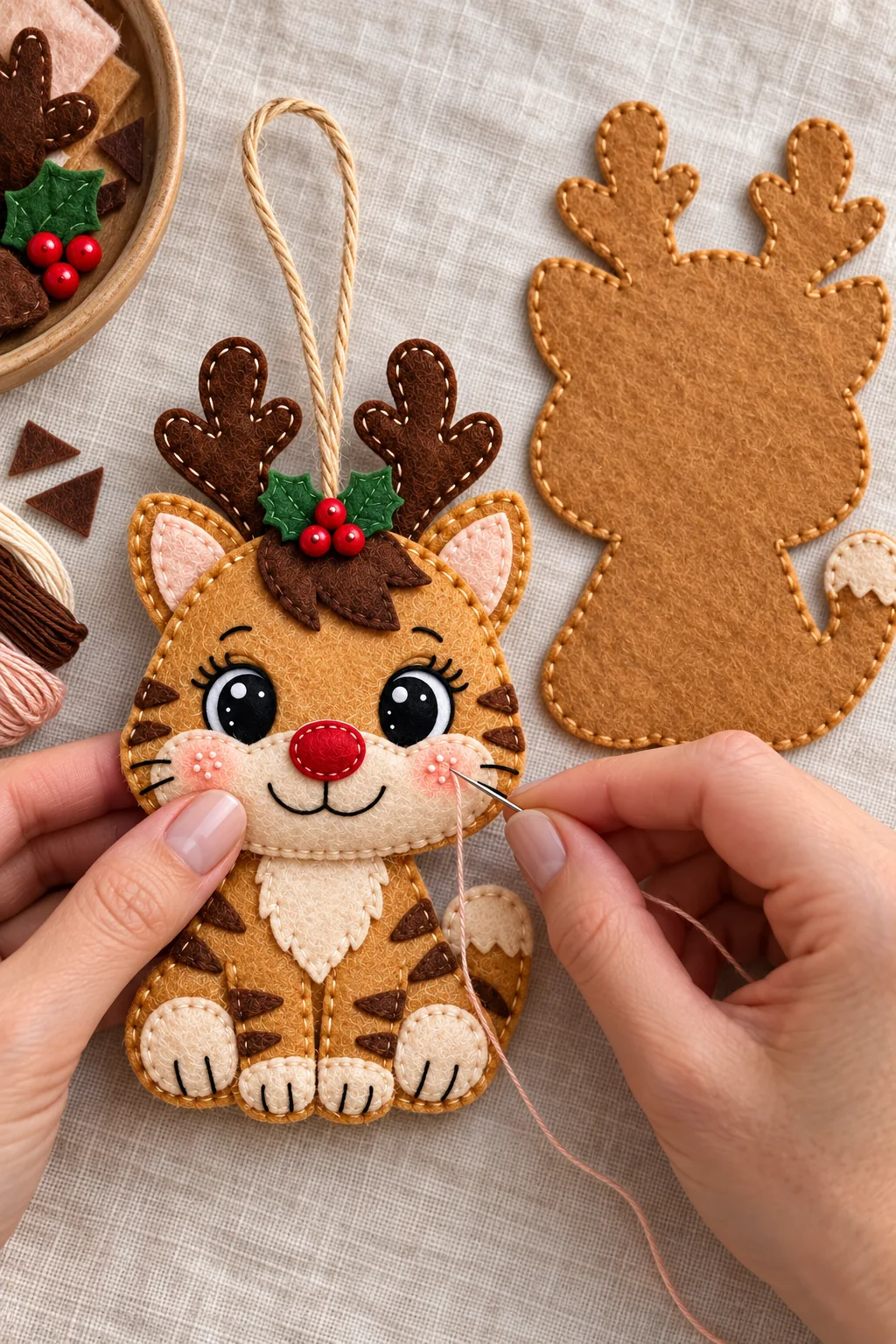 Hand stitching the front decorations of the felt reindeer cat ornament