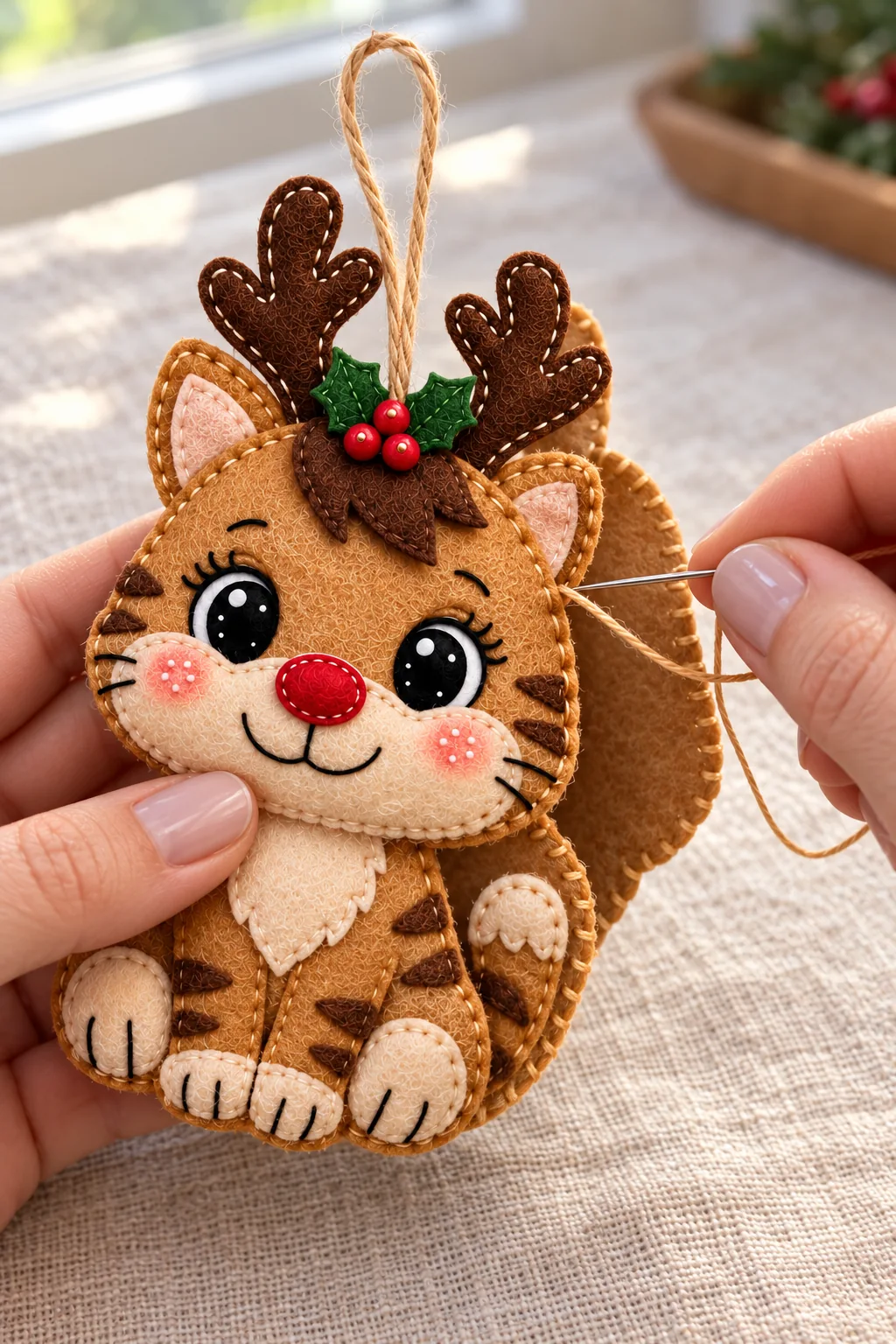 Joining layers and securing the loop of the felt reindeer cat ornament