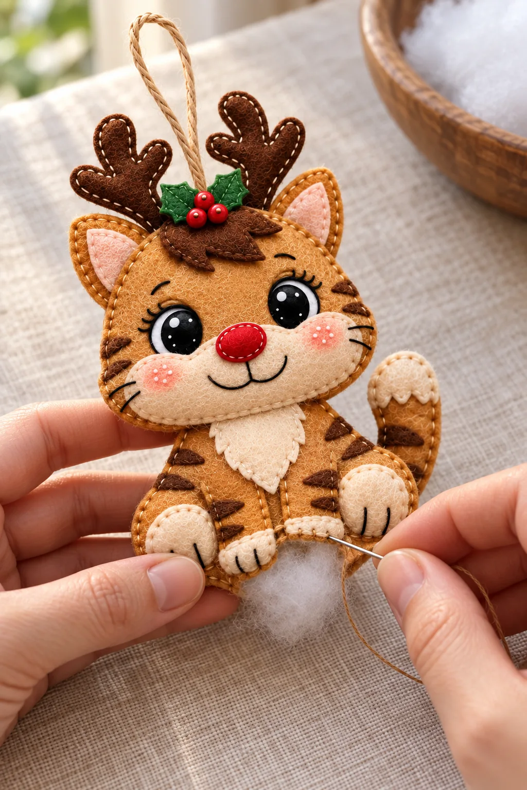 Finishing the seam of the handmade felt reindeer cat ornament