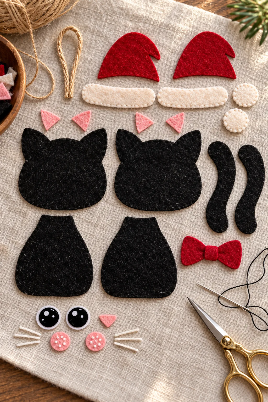 Cut felt pieces for the santa cat ornament laid out before sewing