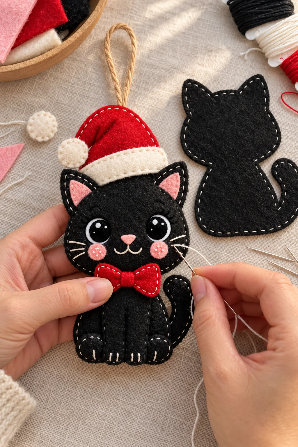 Hand stitching the front decorations of the felt santa cat ornament