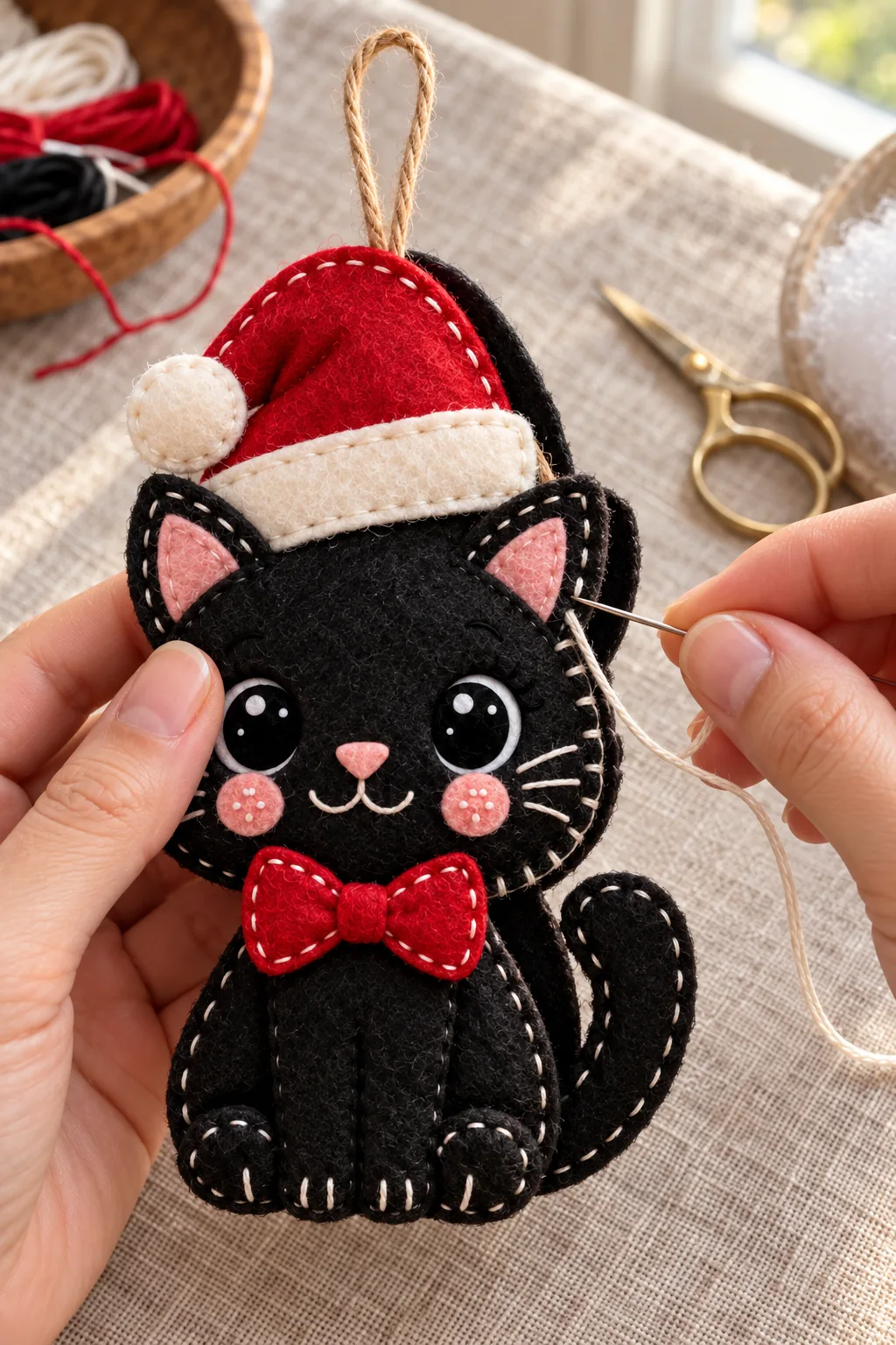 Joining layers and securing the loop of the felt santa cat ornament