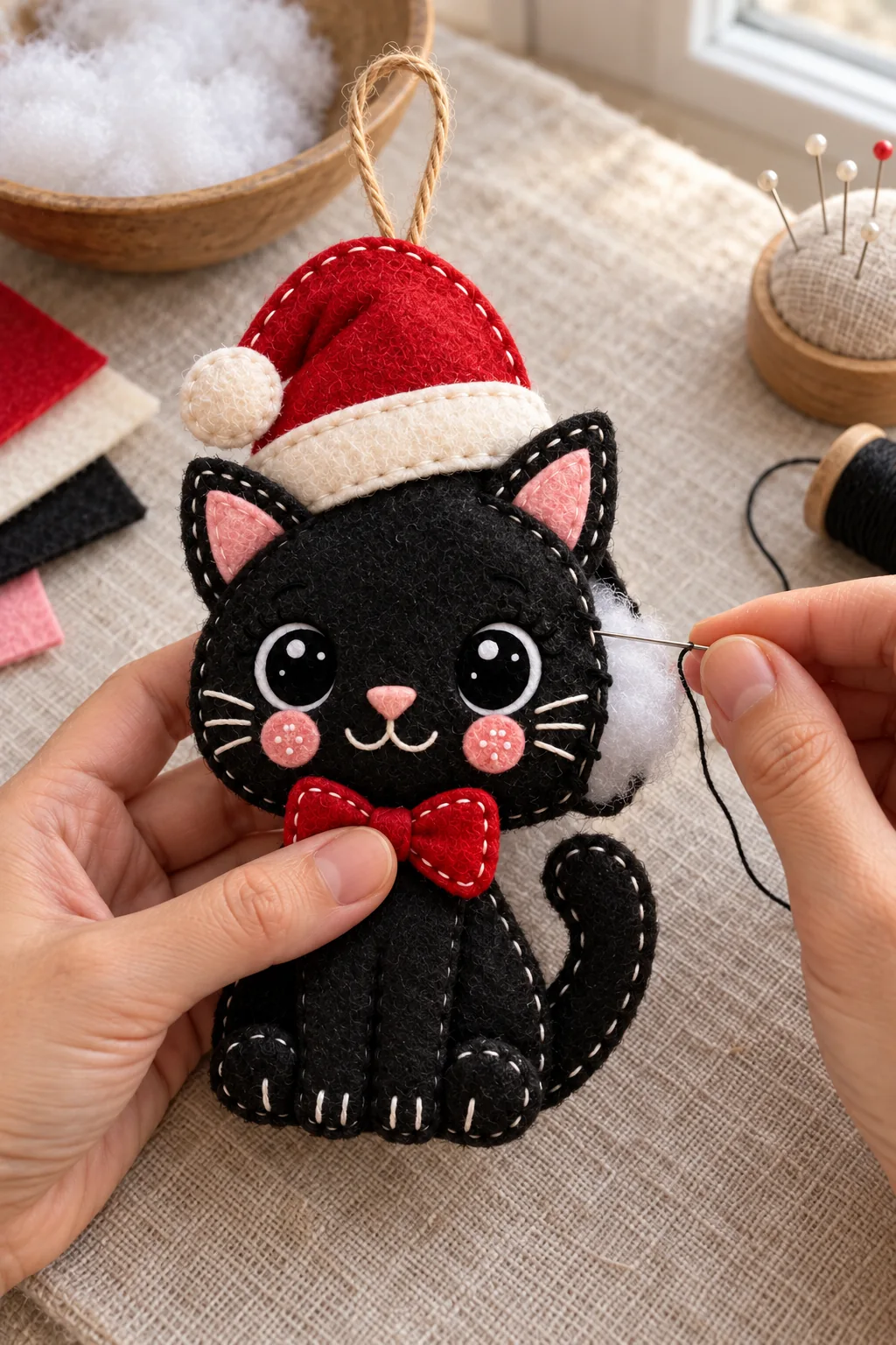 Finishing the seam of the handmade felt santa cat ornament