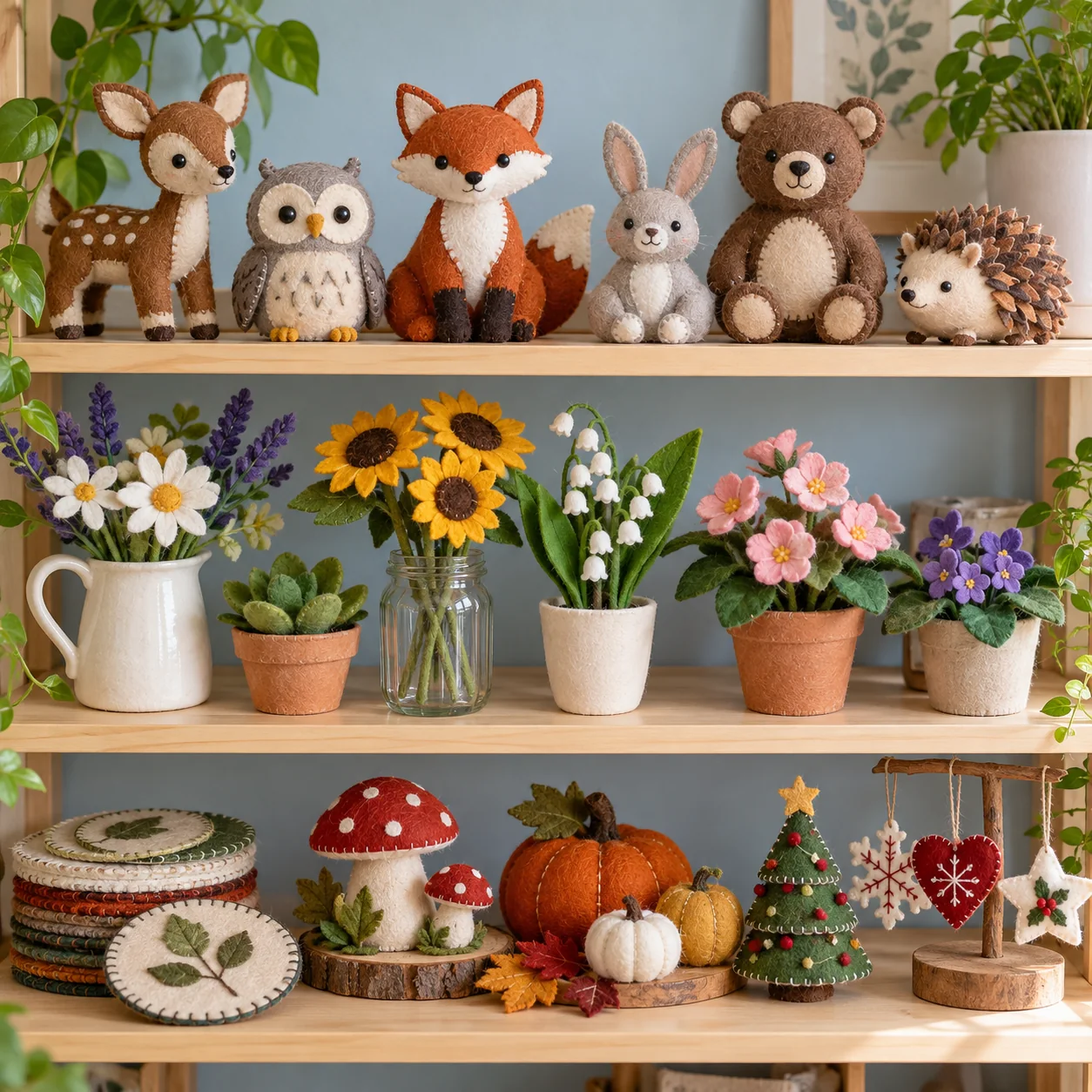 Handmade felt animals, flowers, decorations, and ornaments on a shelf