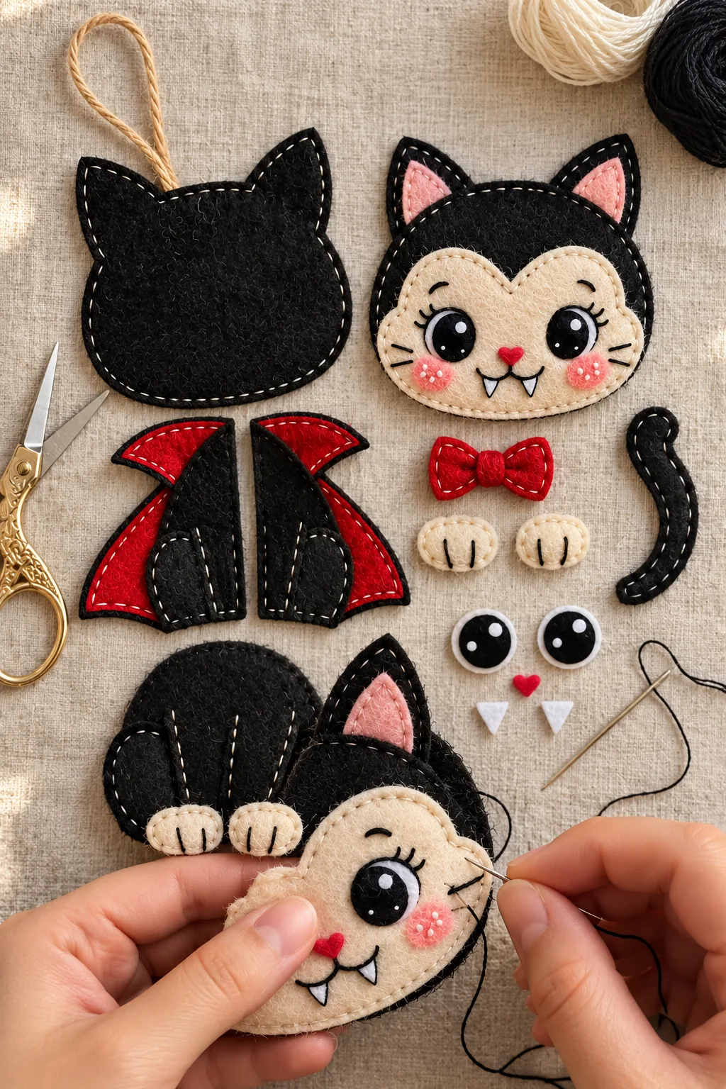 Cut felt pieces for the vampire cat ornament laid out before sewing