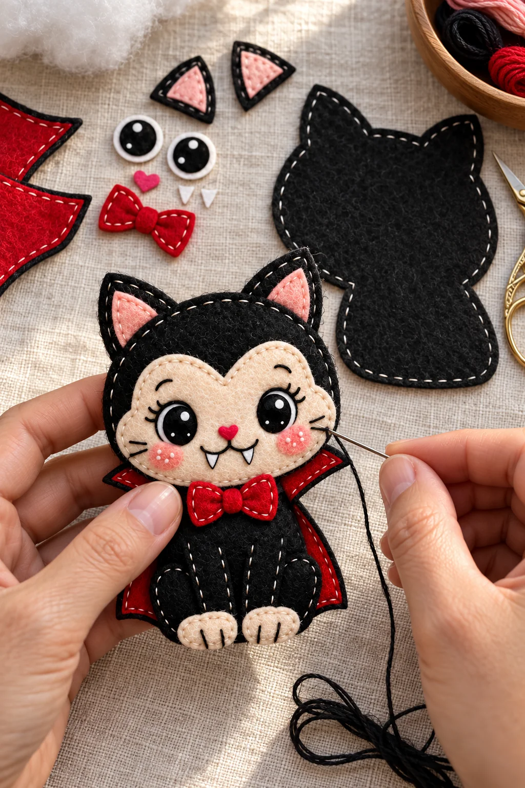 Hand stitching the front decorations of the felt vampire cat ornament