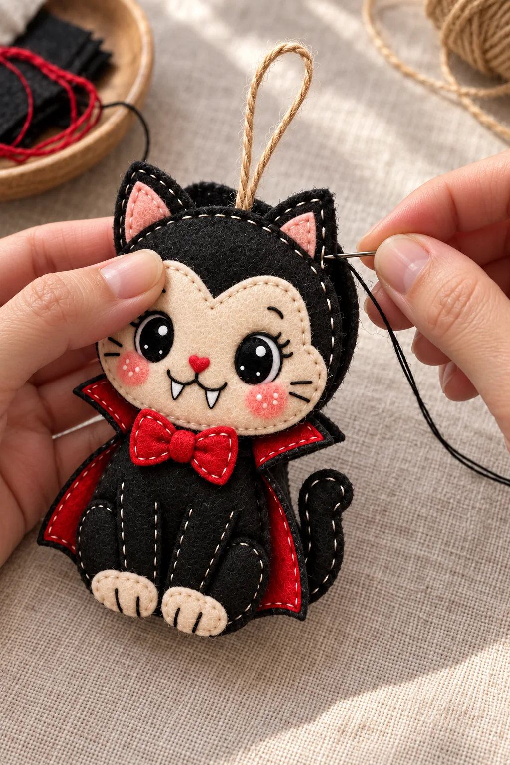 Joining layers and securing the loop of the felt vampire cat ornament
