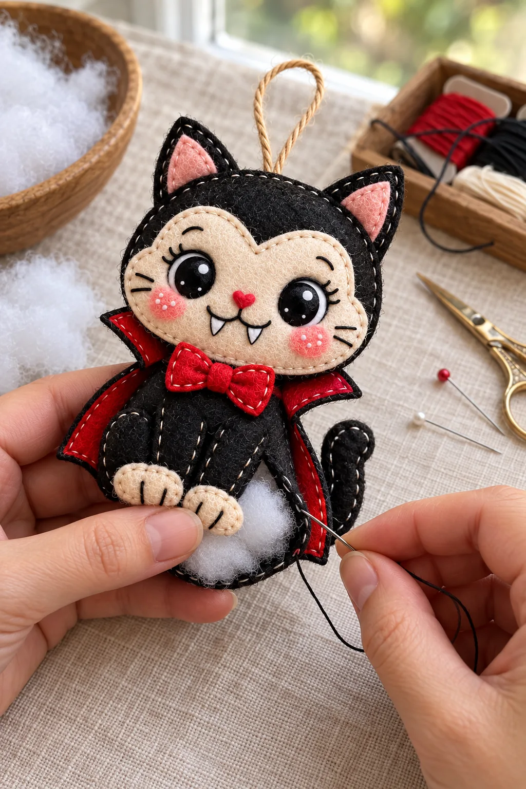 Finishing the seam of the handmade felt vampire cat ornament