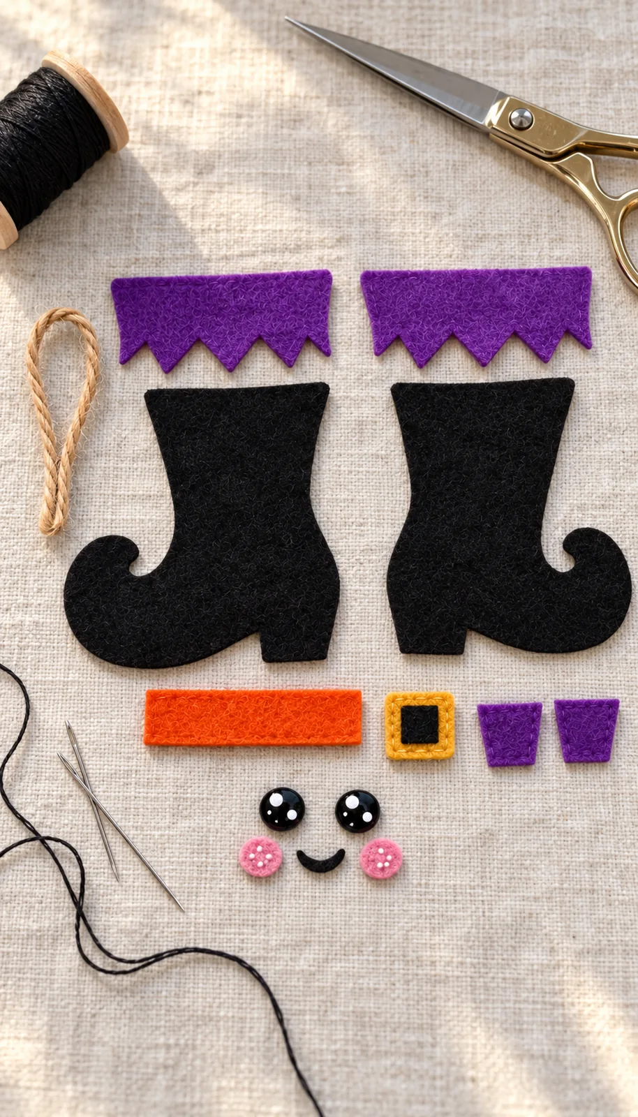 Cut felt pieces for the witch boot ornament laid out before sewing
