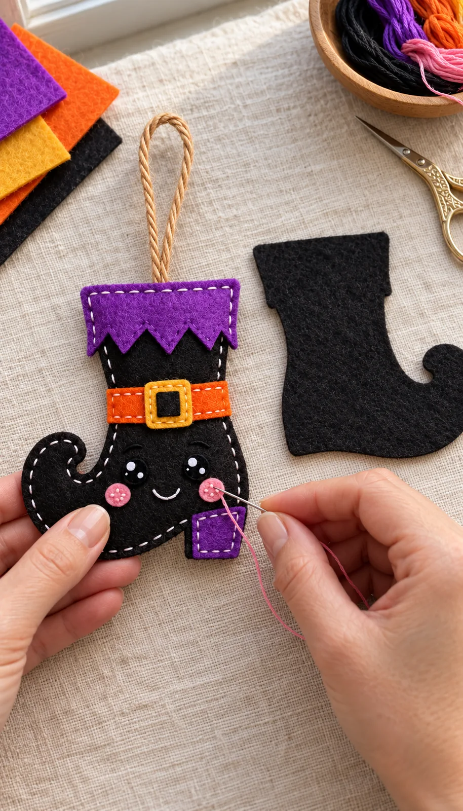 Hand stitching the front decorations of the felt witch boot ornament