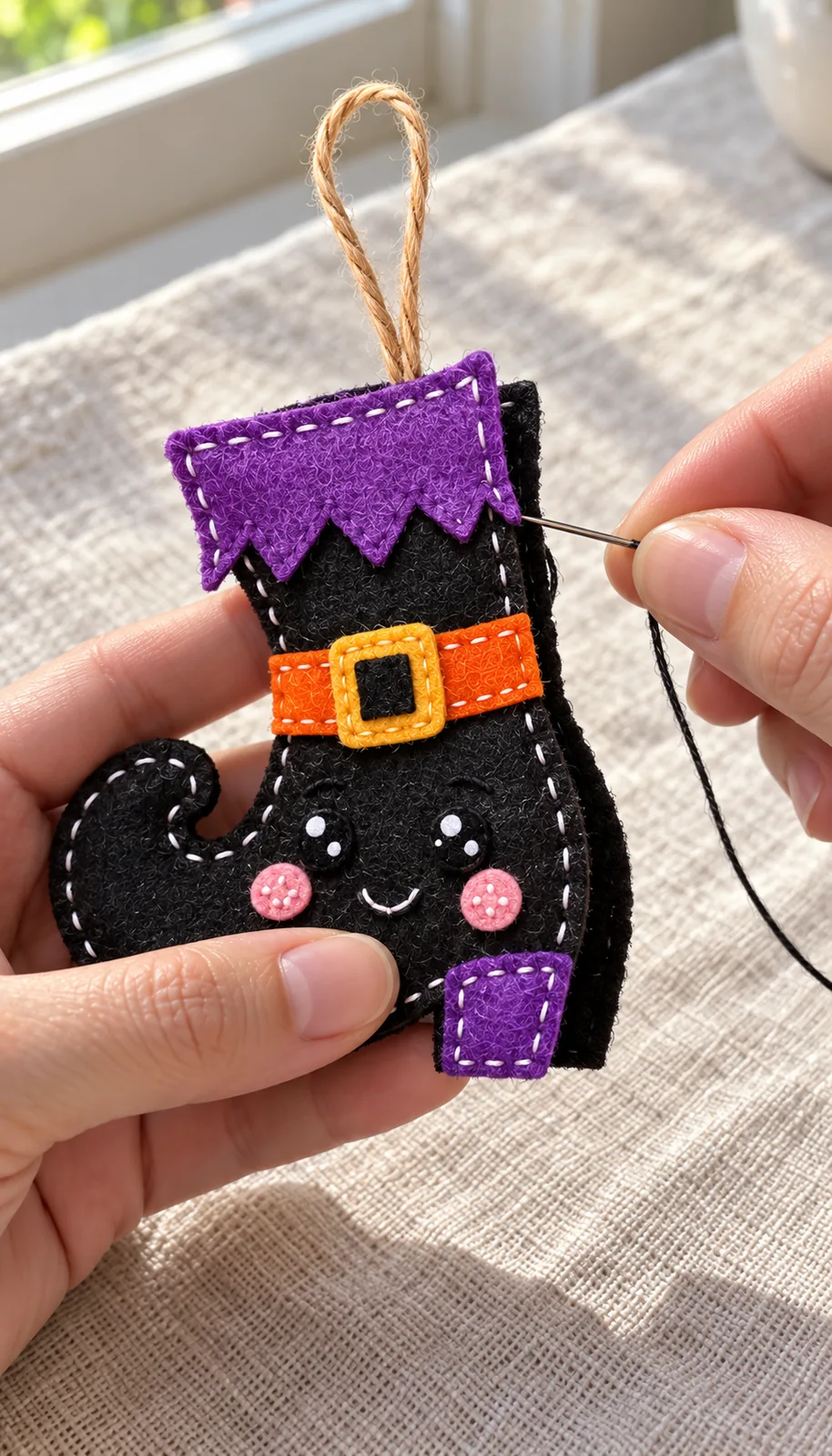 Joining layers and securing the loop of the felt witch boot ornament