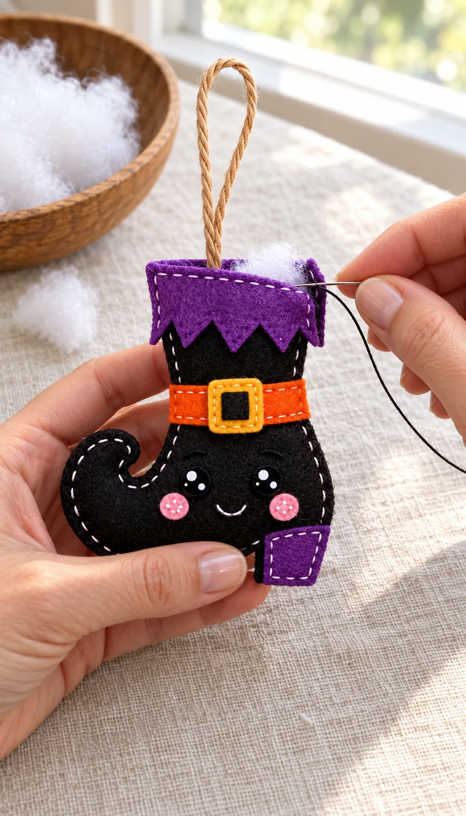 Finishing the seam of the handmade felt witch boot ornament