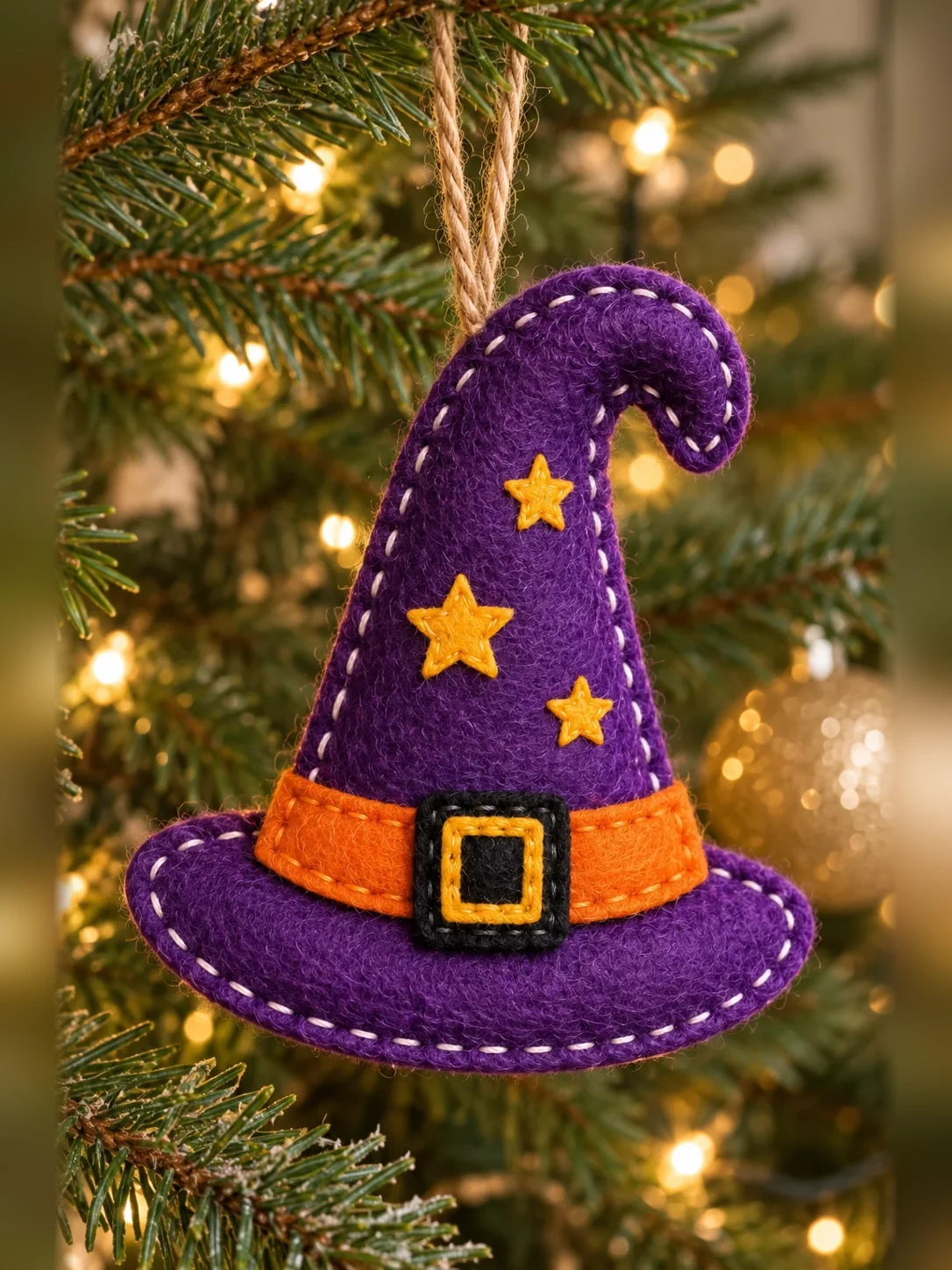 Purple felt witch hat ornament with orange band and gold stars