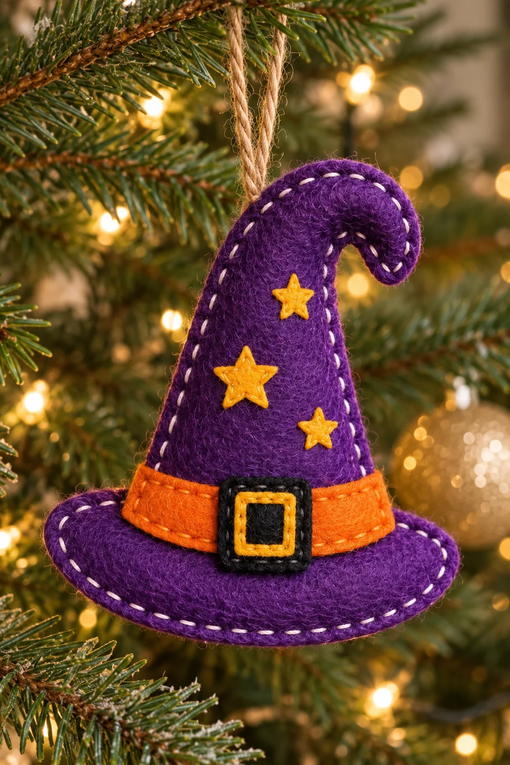 Purple handmade felt witch hat ornament with orange band and gold stars hanging from a branch