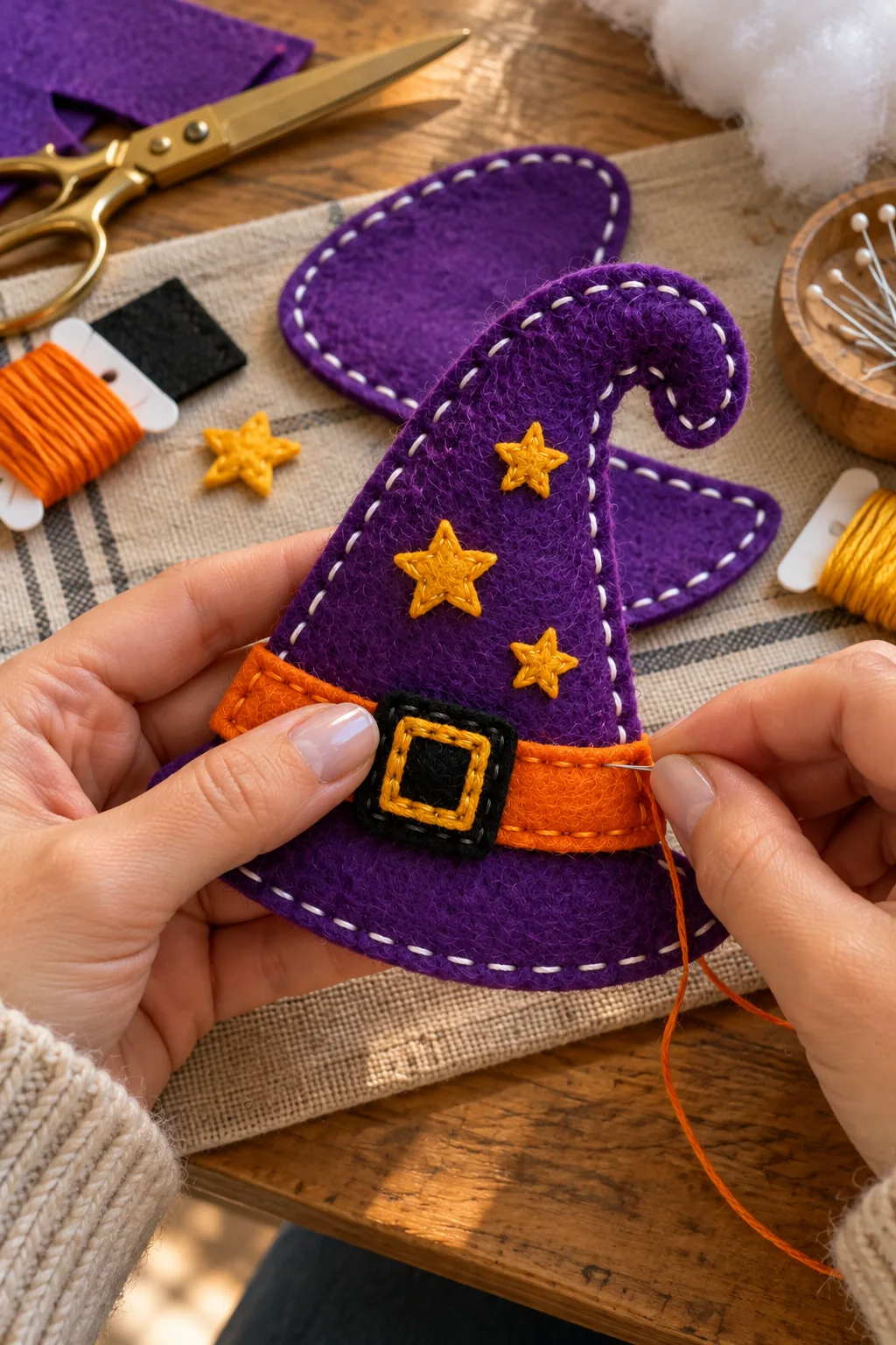 Hands stitching the orange band and black buckle onto the purple felt witch hat