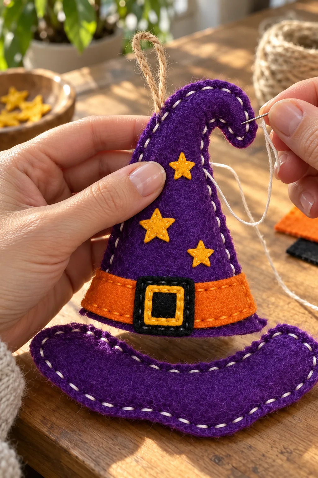 Hands joining the curved purple witch hat layers with white stitches and a jute hanging loop