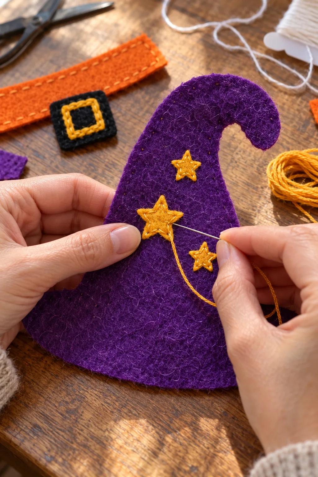 Hands sewing gold felt stars onto the front of a purple witch hat