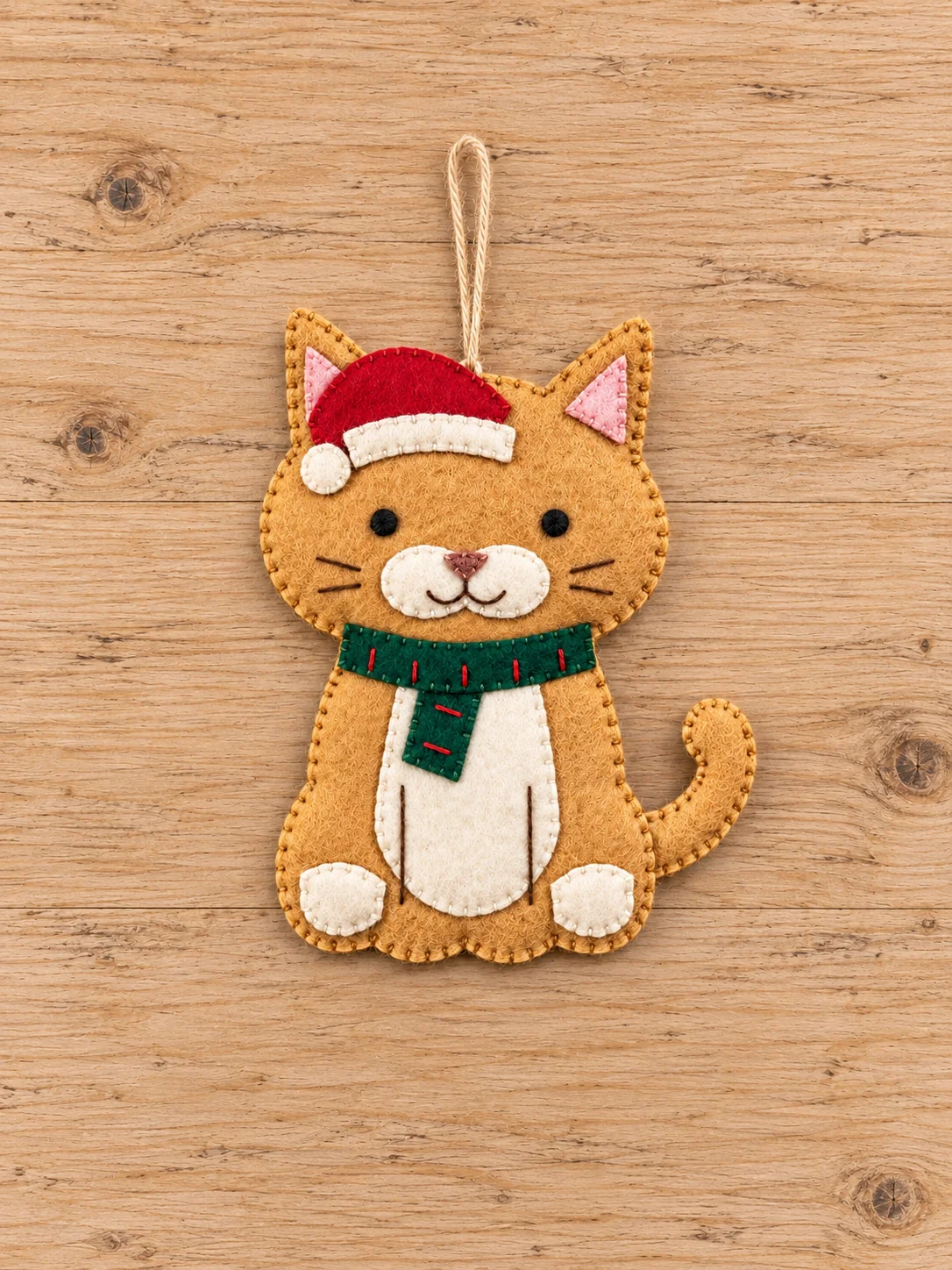 Finished golden tan Christmas cat felt ornament with red hat green scarf and curled tail