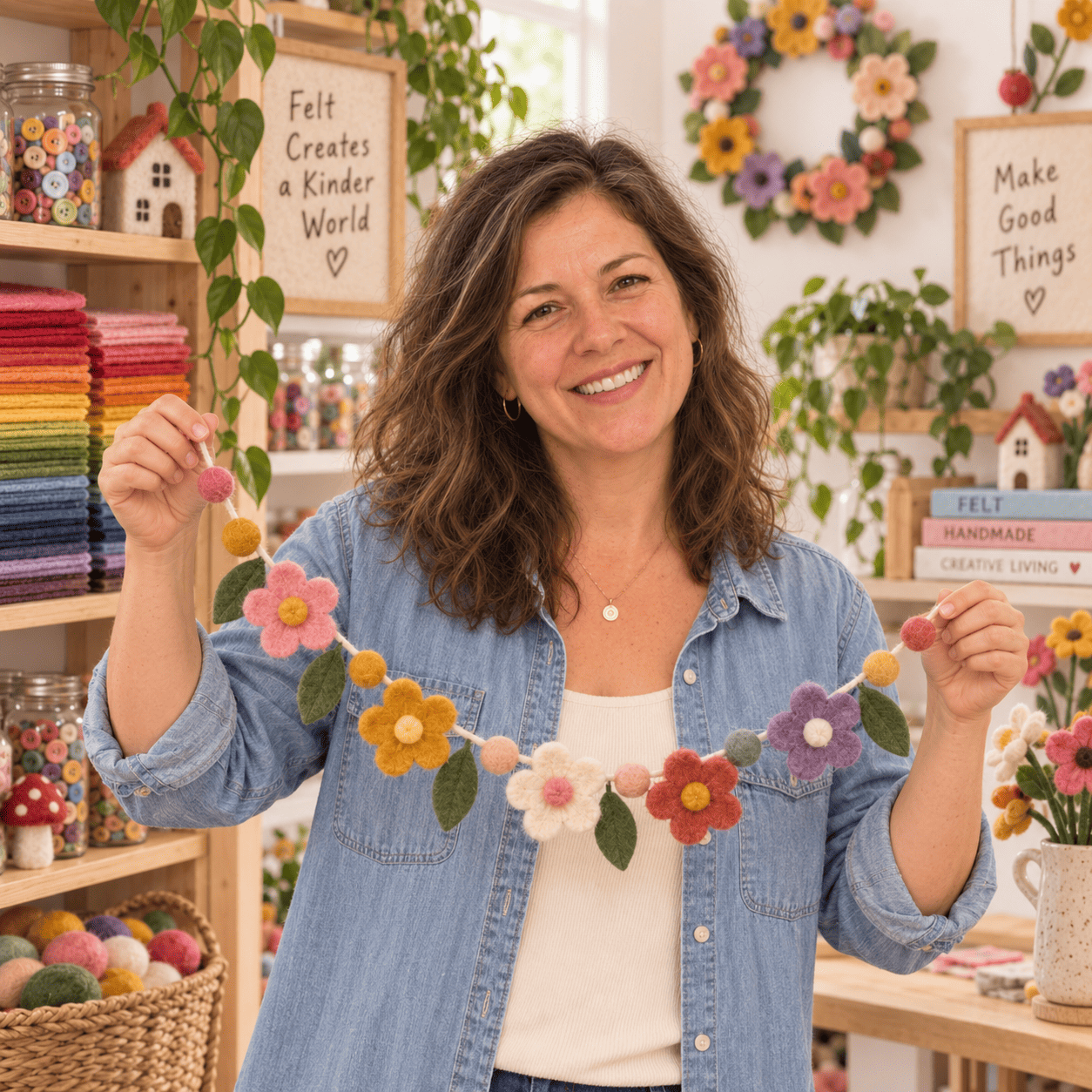 Carolina holding a handmade felt flower garland