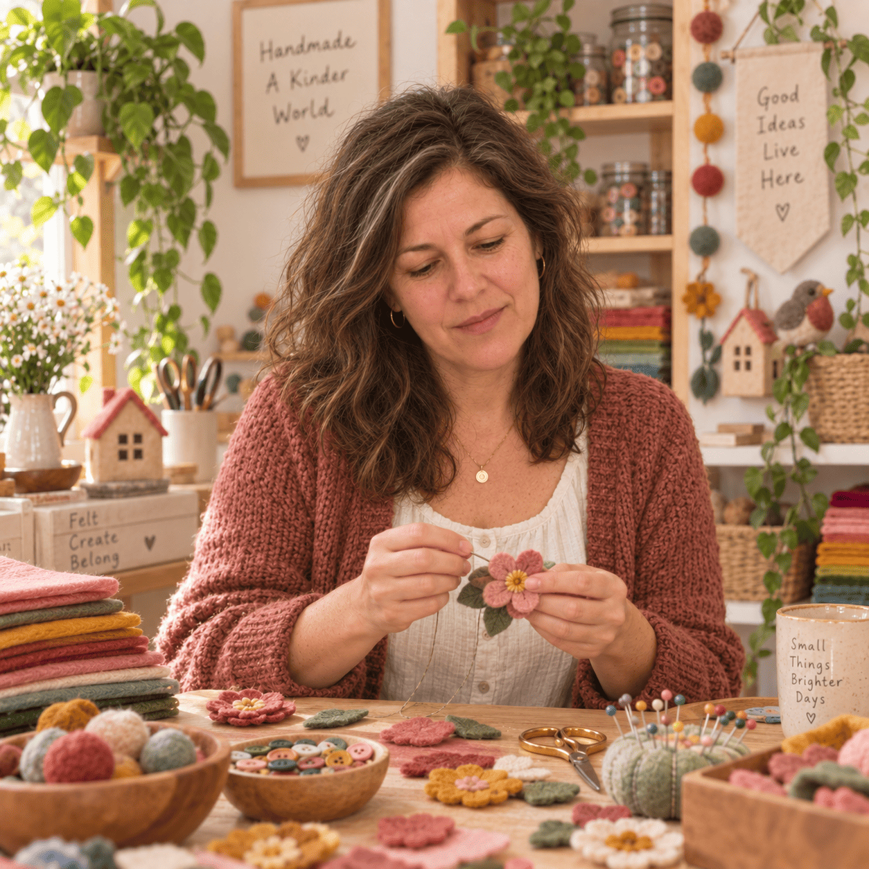 Carolina sewing a felt craft at her table