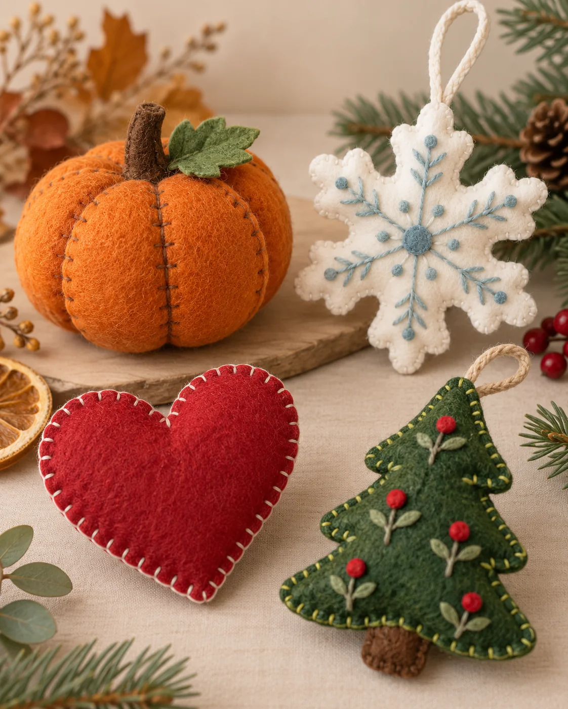 Seasonal felt pumpkin, snowflake, heart, and tree