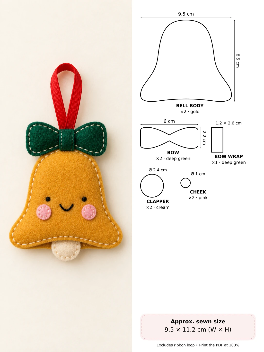 Felt Christmas Bell in soft hand-stitched felt beside measured pattern pieces and cutting counts