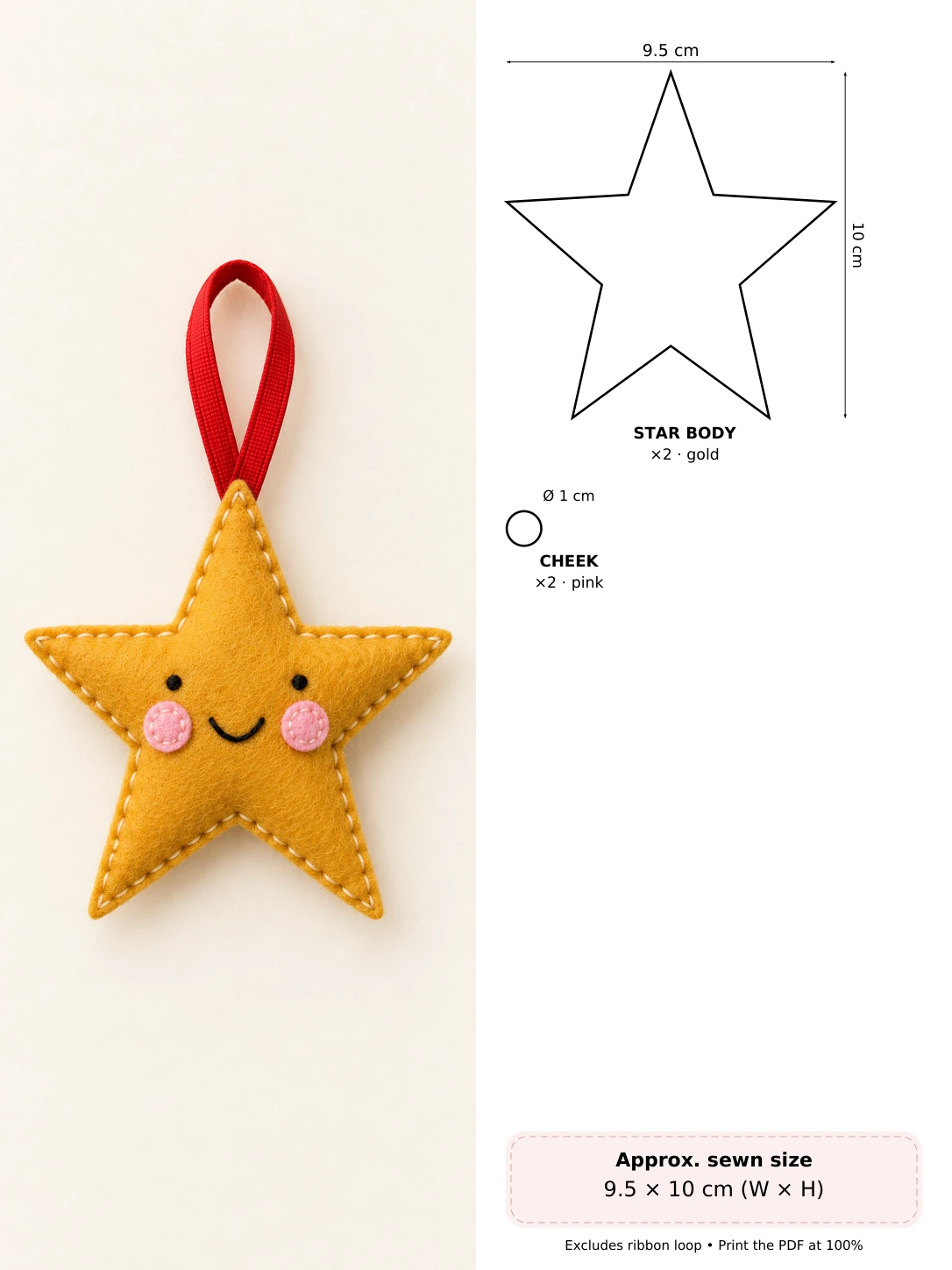 Smiling Felt Star in soft hand-stitched felt beside measured pattern pieces and cutting counts