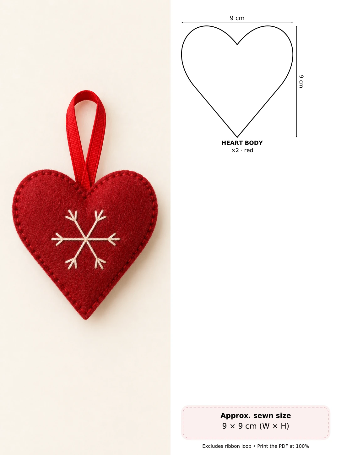 Scandinavian Felt Heart in soft hand-stitched felt beside measured pattern pieces and cutting counts