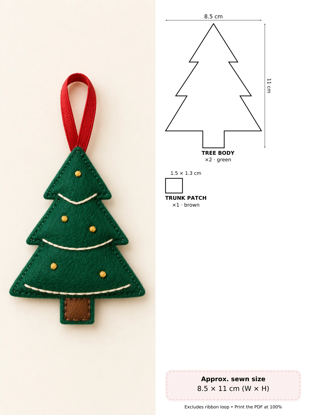 Little Felt Christmas Tree in soft hand-stitched felt beside measured pattern pieces and cutting counts