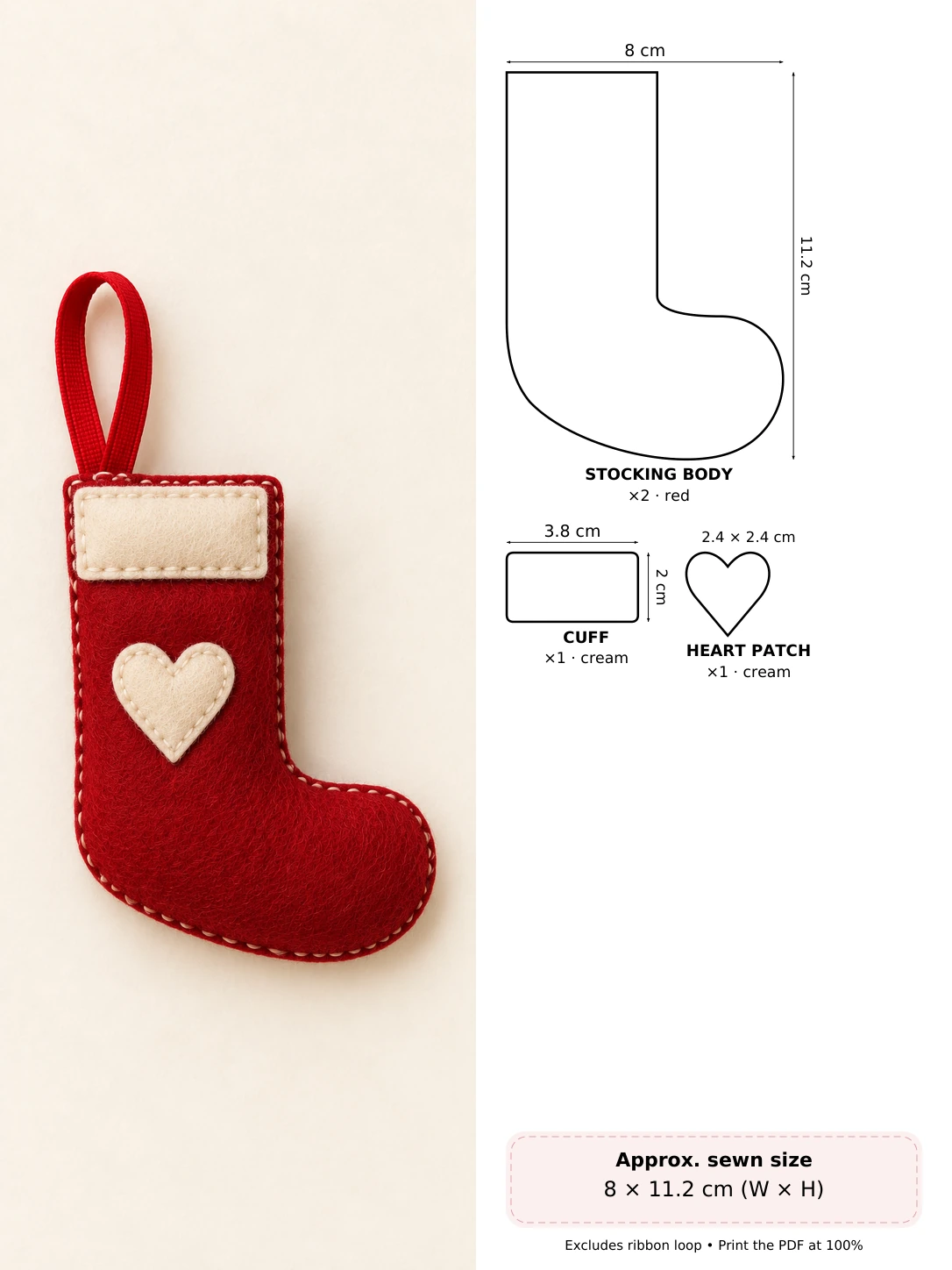 Mini Felt Stocking in soft hand-stitched felt beside measured pattern pieces and cutting counts