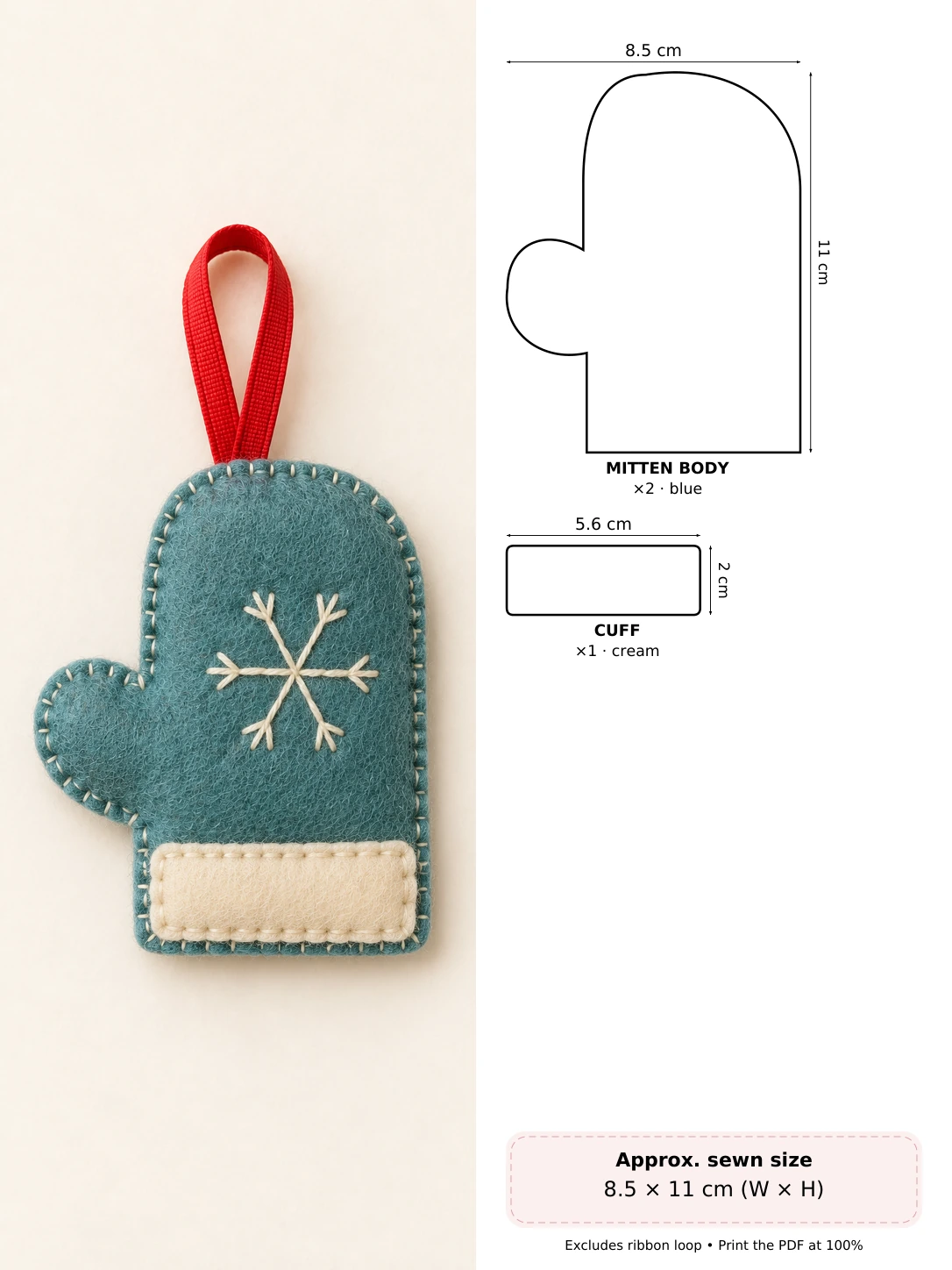 Snowflake Felt Mitten in soft hand-stitched felt beside measured pattern pieces and cutting counts