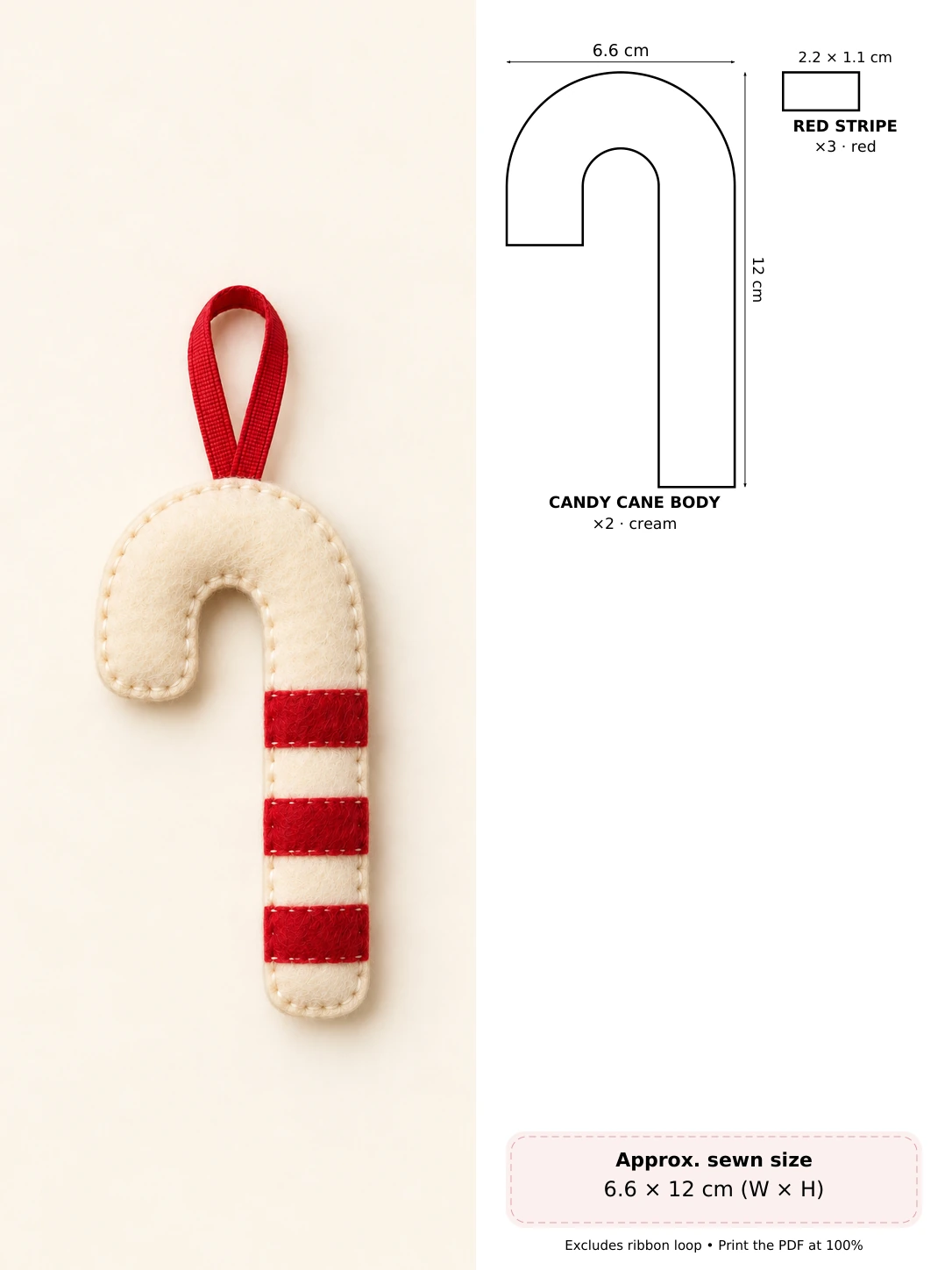 Striped Felt Candy Cane in soft hand-stitched felt beside measured pattern pieces and cutting counts