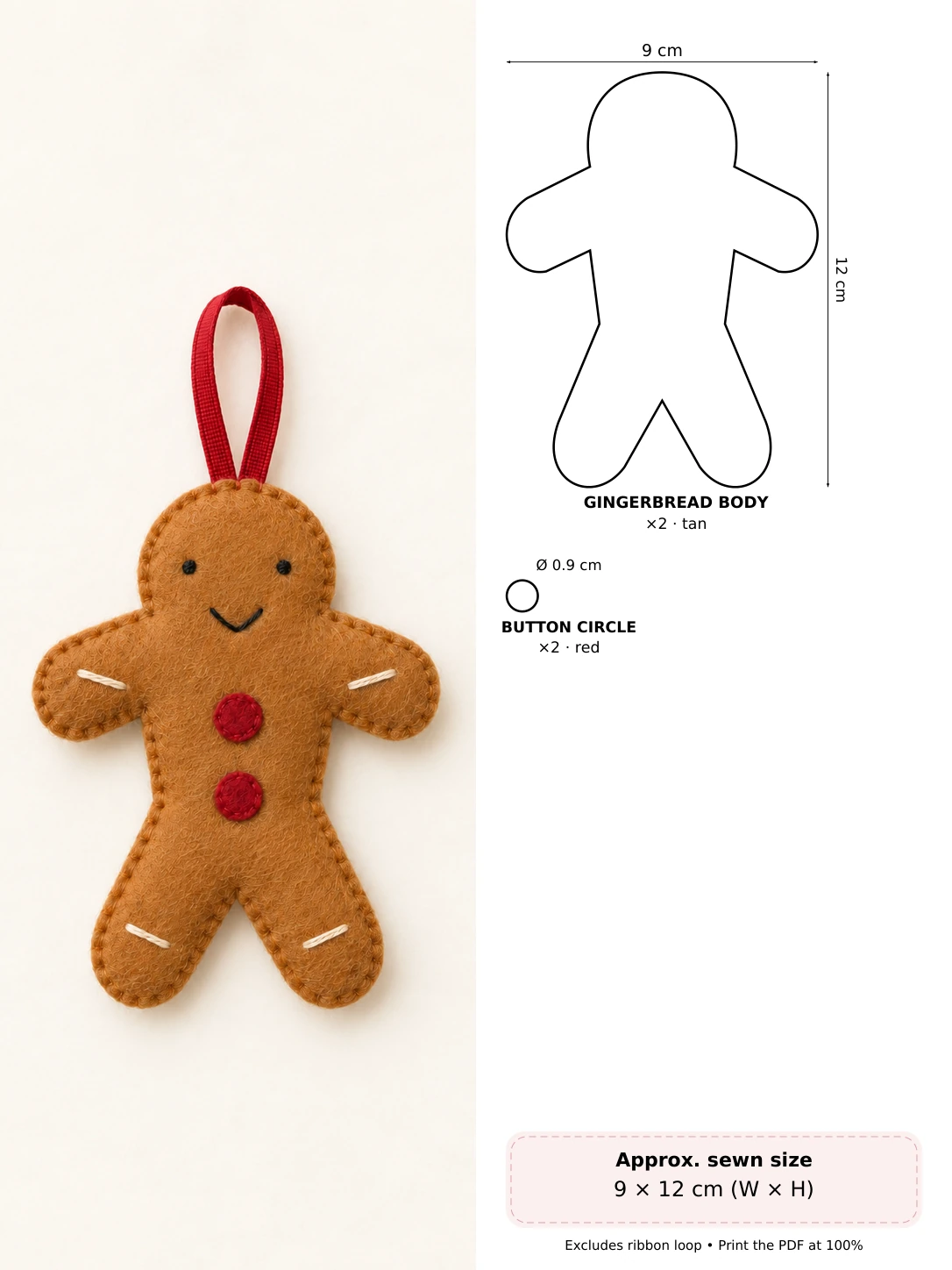 Felt Gingerbread Person in soft hand-stitched felt beside measured pattern pieces and cutting counts